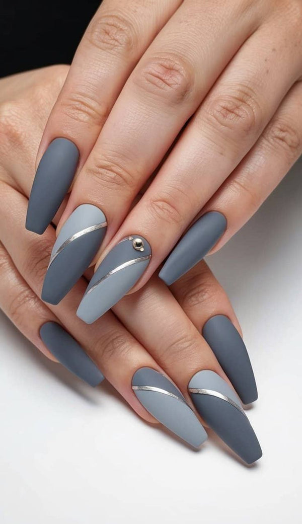 Matte Grey Dual-Tone Nails with Silver Accent Line