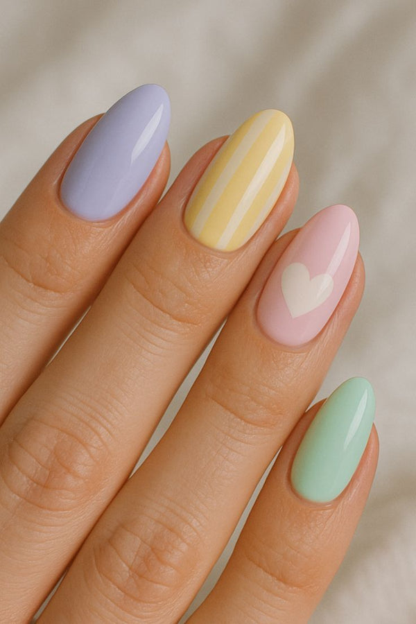 Pastel Almond Nails with Stripes & Heart Accent