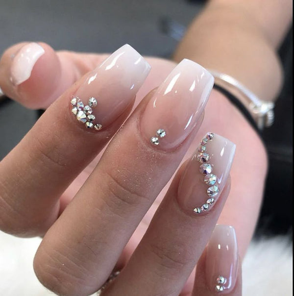 Elegant Nude Ombre Nails with Rhinestone
