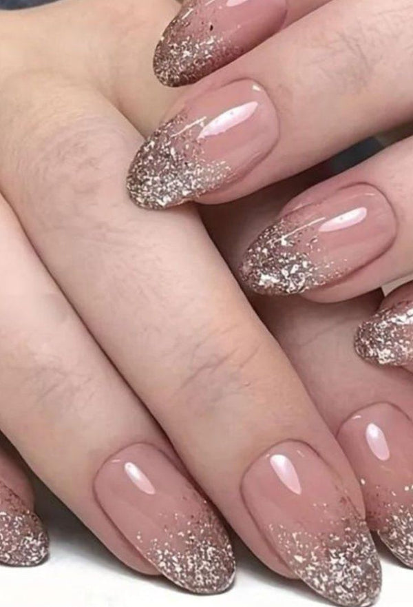 Glossy Nude Pinkish  Sparkles With Golden Glitter Design