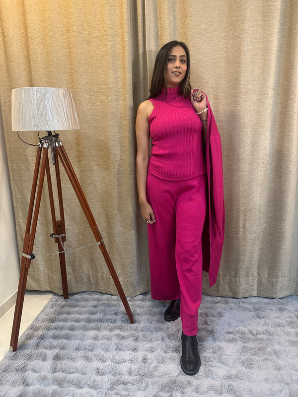 Three-piece outfit in a bold fuchsia pink tone