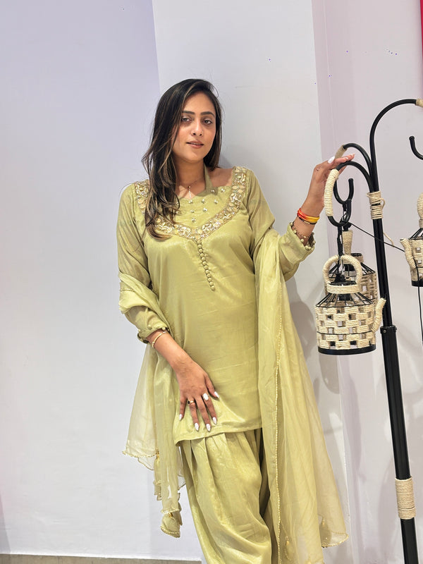 Beige Floral Printed Kurta Set with Dupatta
