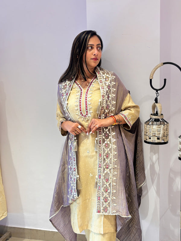 Beige & Grey Embroidered Kurta Set with Dupatta