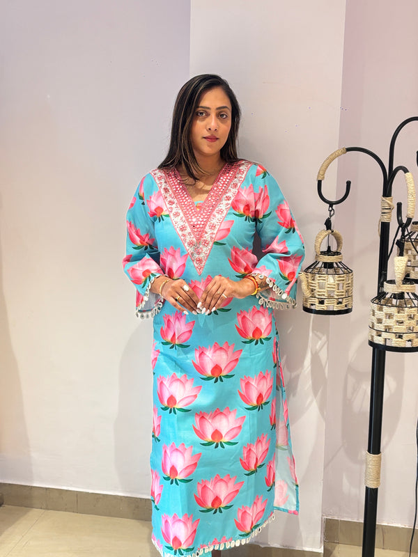 Blue Floral Kurta with Embellished Neckline