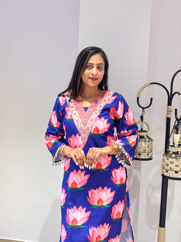 Navy Blue Floral Kurta with Embellished Neckline
