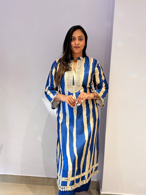 Royal Blue & Ivory Striped Kurta with Embellished Neckline