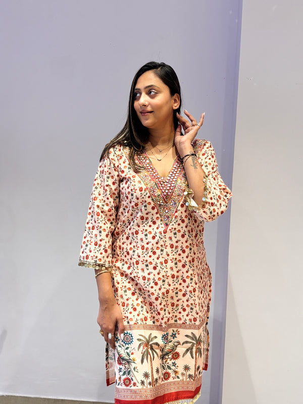 Beige Floral Printed Kurta with Mirror-Work Neckline & Palm Border