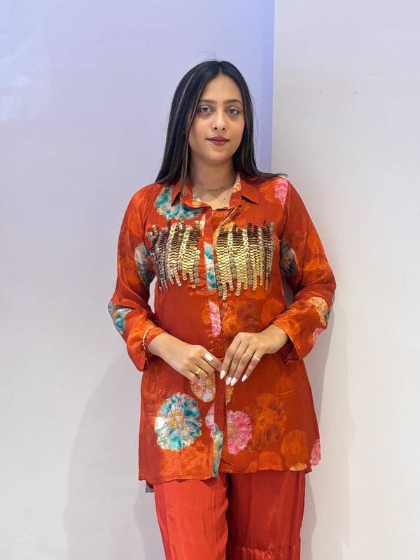 Rust Orange Floral Printed Kurta Set with Sequins Detail