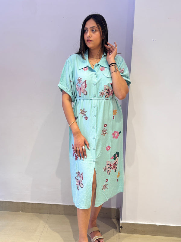 Aqua Blue Butterfly & Floral Embroidered Shirt Dress