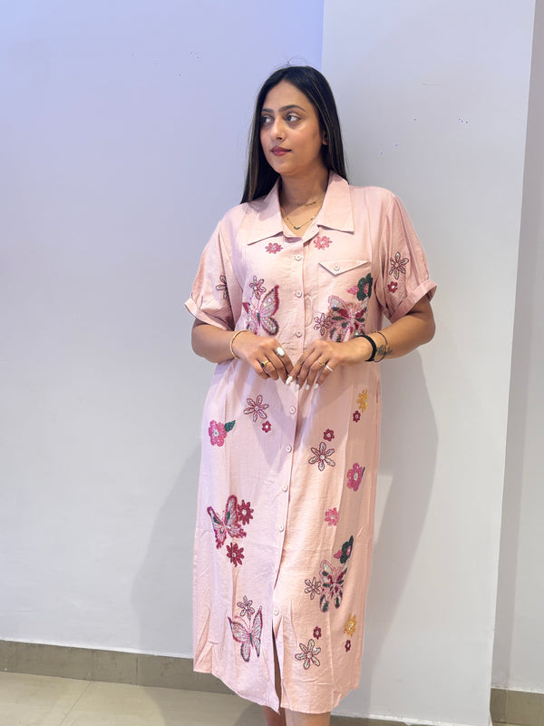 Blush Pink Butterfly & Floral Embroidered Shirt Dress