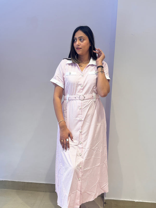 Blush Pink Belted Shirt Maxi Dress