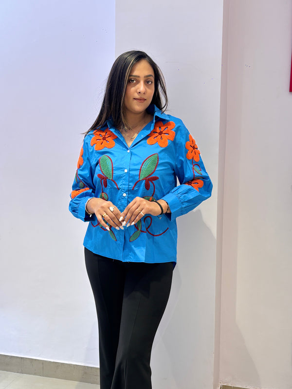 Bright Blue Floral Embroidered Shirt Top