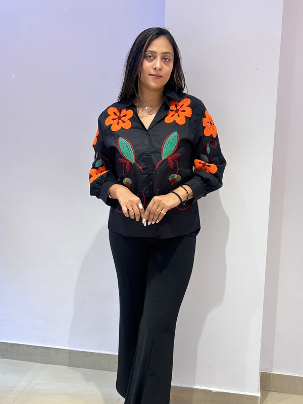 Black Floral Embroidered Shirt Top