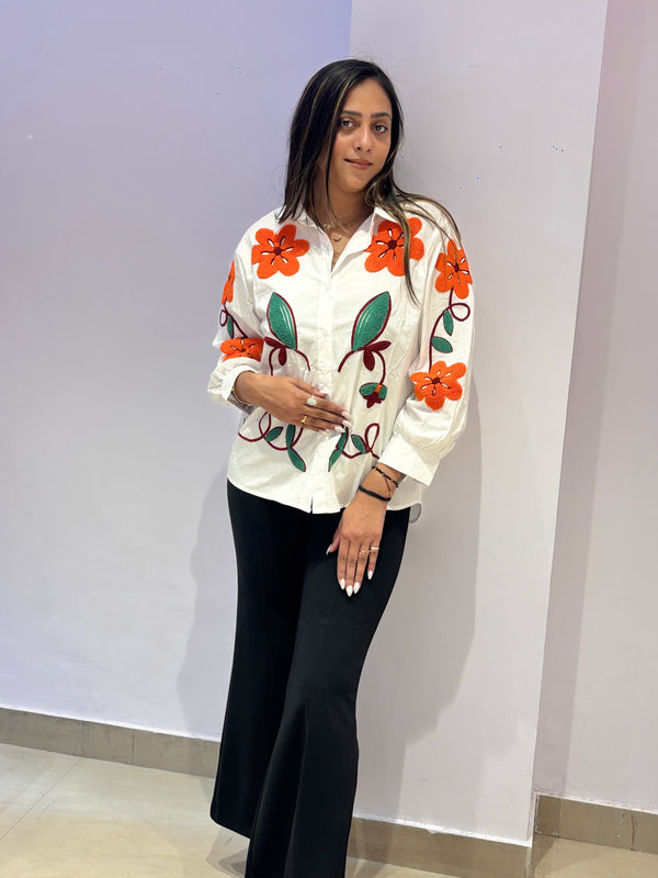 White Floral Embroidered Shirt Top