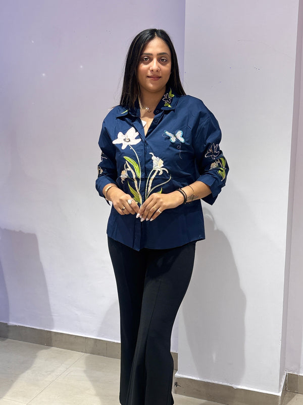 Navy Blue Floral & Butterfly Embroidered Shirt Top