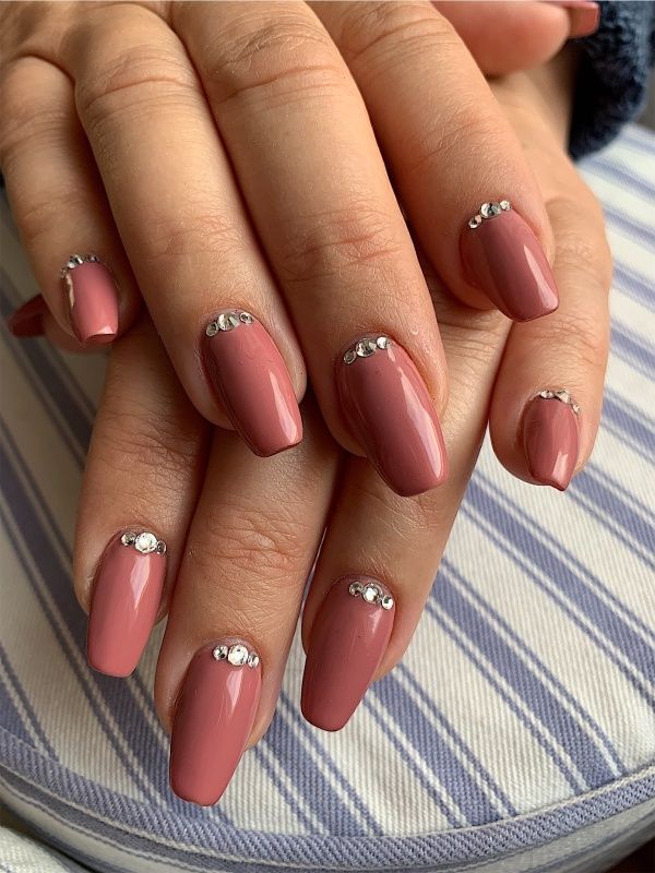 Mauve Coffin Nails with Rhinestone Cuticle Detailing