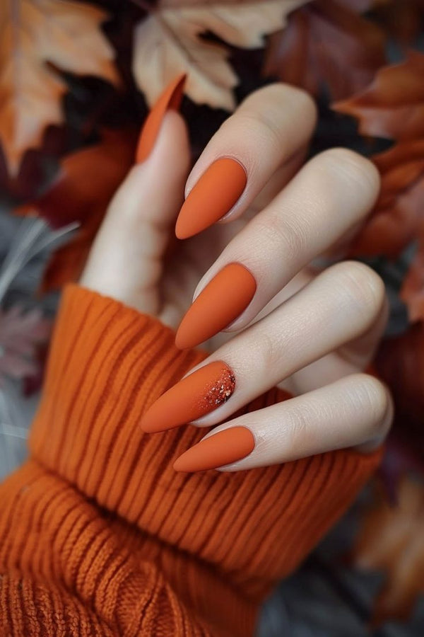 Rust Orange Matte Nails with Subtle Glitter Accent