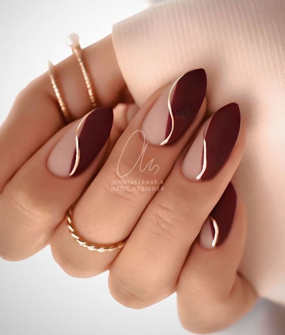 Wine Maroon Almond Nails with Gold Wave